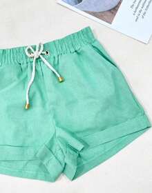 Women's Short Linen Shorts With Elastic Waistband - Cadet Blue - View 2