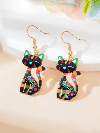 1 Pair Cute Colorful Cartoon Cat Animal Pendant Earrings, Suitable For Party, Daily Wear, And Holidays