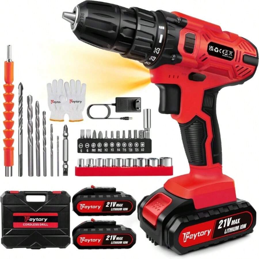 Vandise 21V Cordless Drill Driver & Screwdriver Hammer Drill Kit - 45Nm Max Torque, 2-Speed, 25+1 Torque Settings, 3/8" Chuck, LED Work Light, Includes 2 X 1.5Ah Lithium-Ion Batteries & Charger, Carry Storage Case - Perfect For Home DIY, Construction & Garden Projects - 紅色 - 查看 1