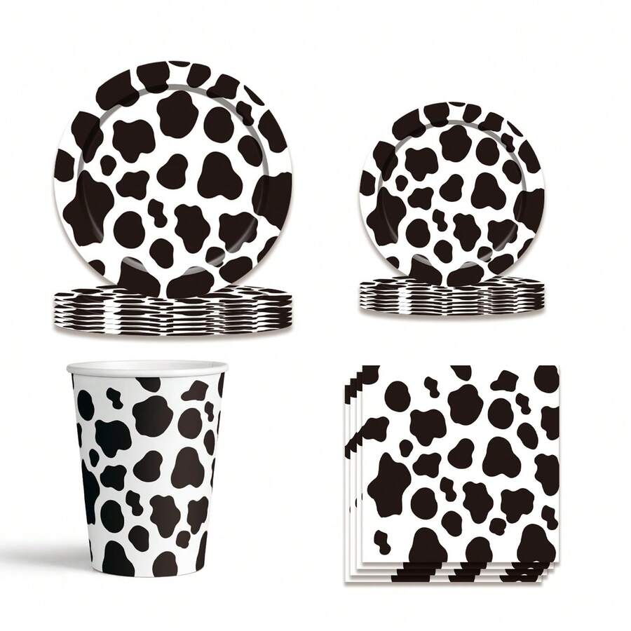Set de 80 piezas de suministros desechables para fiesta con temática de vaca, incluye platos de 9 pulgadas, platos de papel de 7 pulgadas, vasos de papel desechables con estampado de vaca, vasos para bebidas, ideal para fiestas de cumpleaños, reuniones al aire libre y barbacoas - Blanco y Negro - Ver 1