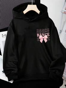 Teen Girl Sweatshirts Hoodie Cartoon Bow And Slogan Print Oversized Pullover Sweaters Top Y2K Girl's Preppy Clothes - Black - View 2