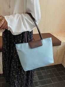 新款女士大容量尼龙休闲纯色手提包、单肩包、饺子包、托特包 - 藍色 - 查看 4