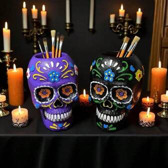 Mexican Sugar Skull Pencil Holder - Day Of The Dead And Halloween Decorations, Painted Artist Pencil Holder, Altar Decorations, Creative Desktop Organizer, Gifts For Artists And Culture Lovers