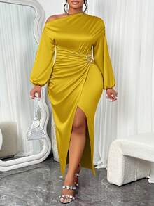 BIUBIU Women's Plus Size Elegant Ladies High Elasticity Satin Solid Color Asymmetric Ruched Collar,Long Sleeves, Metal Button Detail, High Slit Long Dress For Party,Wedding Anniversary, Valentines Day Date, Birthday Party - 黃色 - 查看 1