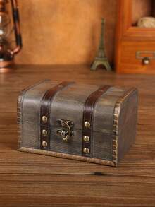 1pc Vintage Wooden Jewelry Box, Treasure Chest Storage Box, Wooden Jewelry Case With Lock, Decorative Container, Home Decor, Kitchen Accessory, Bathroom Decor, Bedroom Decor For Women Storage Organizer Travel Essentials Back To School Dormitory Storage Fall Decor - Multicolor - View 8