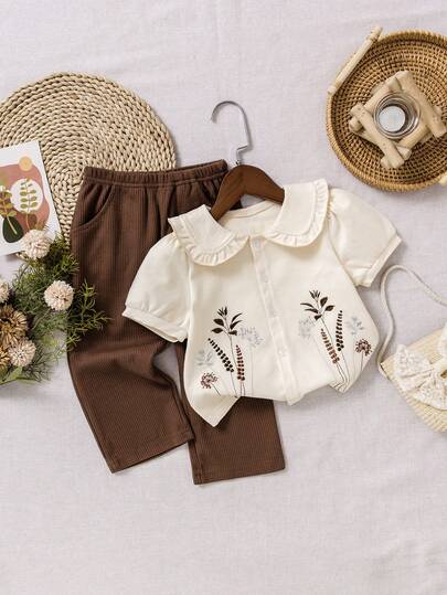Conjunto de 2 piezas de camisa con bordado floral y pantalones rectos para niñas, conjunto informal de estilo pastoril para niñas pequeñas