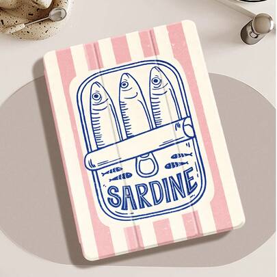 鱼罐头图案海洋元素平板电脑保护壳，适用于 iPad 9.7/10.2/10.5/10.9/12.9/Pro 11 第 10 代，适用于三星 Galaxy Tab S6 Lite 10.4 英寸，适用于 Kindle Paperwhite 第 12 代 2024，2022 年发布的 Kindle（第 11 代），软摔保护，智能站立/自动唤醒/睡眠