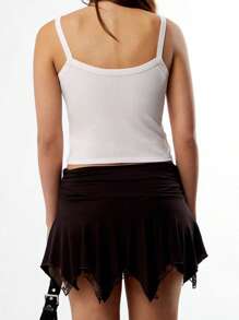 Women Summer Mini Skirt Ruched Low Rise Patchwork Lace Irregular Ruffle Skirt Casual Streetwear - Black - View 7