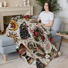 Ink Tattoo Blanket, Wolf Head Sun Moon Sword Bird Painting, Red Yellow Blue And Green Art Display, Standing In Front Of Black Sofa, Unique Cultural Style Home Decoration. Casual Shawl, Traveling-Rug, Polyester Material-Suitable For All Seasons, Bedroom, Sofa, Bed, Car. , Suitable For Bed, Sofa, Camping And Travel, Durable And Comfortable Decorative Shawl And Blanket, For Dear Friends, Siblings, Parents, Objects, Suitable For Halloween And Christmas Decorations, Home Decorations, Birthday And Anniversary Gifts For Friends And Relatives