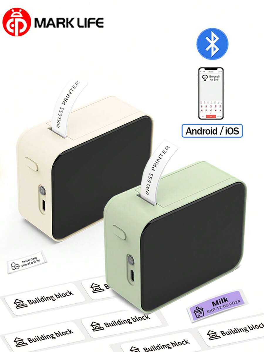 Marklife P15 迷你便携式热敏打印机，无线蓝牙口袋打印机，适用于家庭和办公室，可制作标签、贴纸和吊牌，带 USB 接口