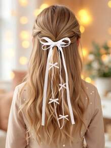 2 piezas Elegantes lazos de cinta para el cabello de niñas con cadena de perlas falsas, pinzas de cocodrilo con cola larga, pasadores de cabello para boda, vacaciones, dulces y lindos, accesorios para el cabello de adolescentes, regalo festivo