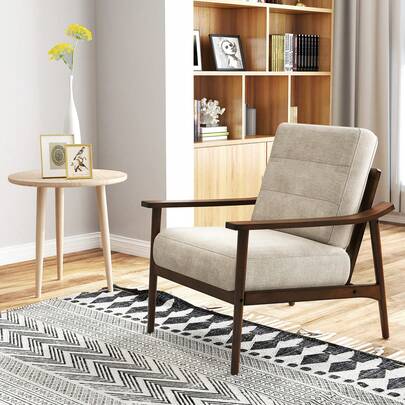 Sillón moderno con acento tapizado para ocio con reposabrazos y patas de madera de caucho