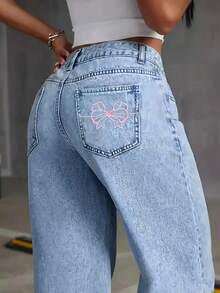 Women's Pocketed Straight Loose Casual Embroidered Versatile Jeans Spring - Light Wash - View 5