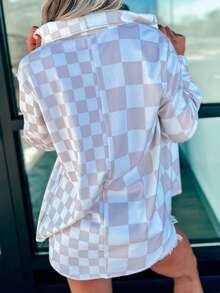 Acelitt Áo sơ mi kiểu dáng thường ngày, ve áo, họa tiết caro màu kaki tương phản, thích hợp cho mùa Thu/Đông/Xuân. - Màu Khaki - Xem 2