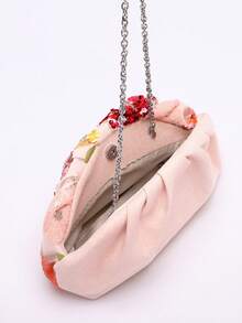 1pc Colorful PVC Sequin Flower Pattern Pink Linen Base Mesh Embroidery Ruffle Cloud Clutch Bag, Shiny Elegant Evening Bag For Casual, Holiday, Party Use (Flower Sequin Pattern Randomly Sent) - Pink - View 9