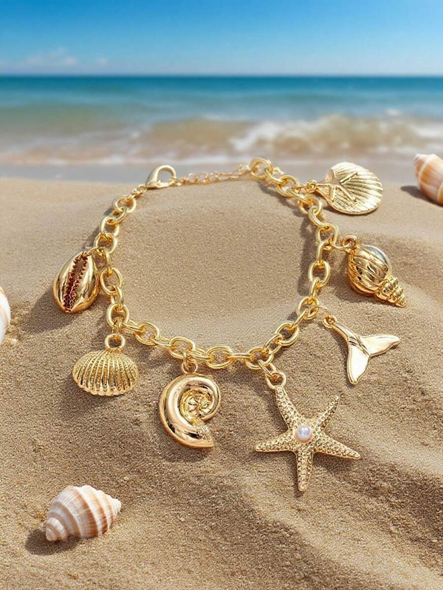 1 pieza Pulsera con colgante de aleación dorada con forma de estrella de mar, concha y sirena, adecuada para uso diario y vacaciones - Dorado - Ver 1