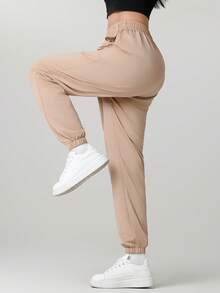 Women'S Outdoor Casual Running Pants - Elastic Waistband Pockets Sports Trousers, Lightweight All-Season Pants, Women'S Athletic Long Pants, Suitable For Gym, Machine Washable, Solid Color Design, Comfortable Fit, Y-Shape Style, Stretchy Waist, Ideal For Outdoor Hiking & Sports Enthusiasts Tights Spring - Brown - View 6