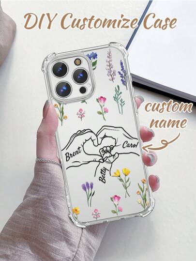 1 Stück personalisiertes Muttertags Handabdruck Namen Transparent Anti-Sturz Perforiertes Handyhülle, geeignet für iPhone 11/12/13/14/15/16 Pro Max/16 Pro/16 Plus und andere Modelle, getrocknetes Blumen Design