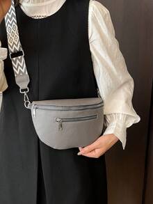 女士纯色PU皮腰包复古时尚胸包腋下包春夏新款休闲单肩斜挎小包百搭简约胸包 - 灰色 - 查看 4