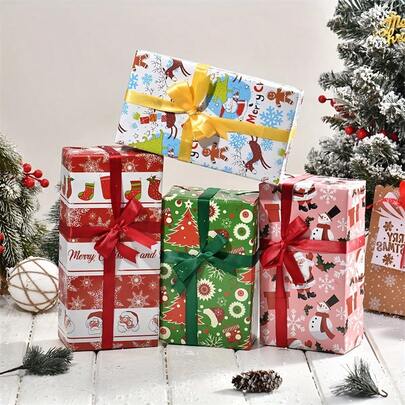 4/8pcs Christmas Gift Wrap Sheets - Heavy-Duty Holiday Paper With Santa, Tree, HO HO HO!, Presents, Snowflakes - Red, Green, Golden, Blue, White Colors For Presents, Cards, Decorations - No Electricity Needed - Ideal For Personal Or Commercial Use, Christmas Accessories, Seasonal Decor, Cheerful Prints, Smooth Texture, Festive Wrapping, Party Planners Christmas Pajamas Gifts Christmas Decor