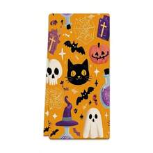 Un set de 2 toallas con temas de Halloween con patrones impresos de fantasmas y gatos negros, decorados con cuadrículas, lavables a máquina, resistentes al calor, absorbentes y reutilizables. Es un regalo ideal para la decoración de la habitación, toallas de cocina y baño, decoración de fiestas y decoración del hogar.