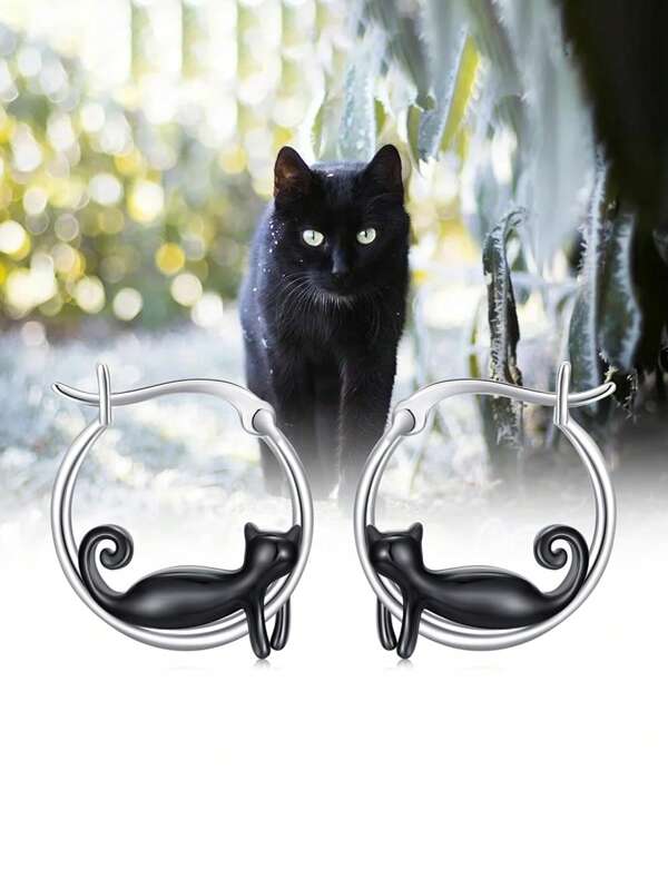 1 Pair Silver-Plated Cat Shaped Earrings, Suitable For Daily Wear