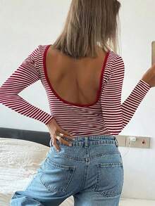 Vaiaye Women's Sexy Backless Striped Knit Long Sleeve Top, Backless Round Neck Casual T-Shirt, Suitable For Work Commute In Spring And Summer - Red - View 5