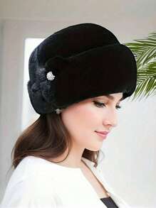 Faux Mink Fur Flower Hat, Fashionable Leather Warm Hat, Thick, Ear-Protective, Windproof, Solid Color, Washable - Suitable For Autumn/Winter Autumn Accessories