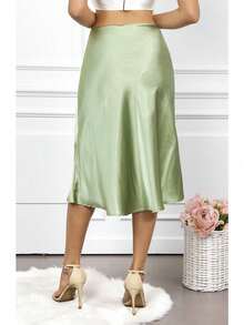 High Waist Satin Midi Skirt With Elastic Waistband – Flared A-Line Stretchy Silk Skirt For Wedding, Party, Date, Office Wear | Plus Size Women's Comfort Fit 1212 - Light Green - 查看 2
