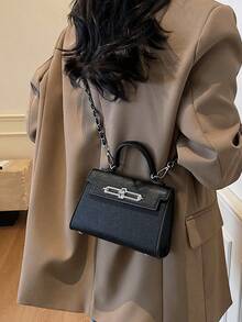 高级简约风格纯色女士手提包，时尚简约可调节肩带斜挎包，优雅五金锁扣单肩托特包，锁扣多功能轻便斜挎包 - 黑色 - 查看 4