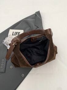 复古绒面革大容量休闲单肩托特包，拼布拼色托特包，优雅百搭女士通勤包 - 咖啡棕 - 查看 11