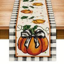 1pc Autumn Gratitude Sister Theme Table Runner - Pumpkin With Green Leaves And Black Grid Design, Suitable For Holiday Parties, Kitchen Dining, Home Decoration, Durable Polyester Material Holiday Table Decoration, Holiday Table Decoration, Autumn Harvest Theme Decoration, Bow Decoration, Autumn And Thanksgiving Decoration.