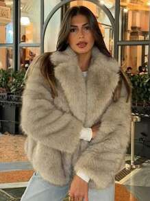 HH Women Winter Elegant Solid Faux Fur Effect Long Sleeve Cardigan Coat Female Casual High Street Pockets Coat