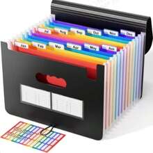 ABC Life 扩展文件夹折叠式文件整理器 12 个口袋、便携式 A4 桌面文件填充盒、塑料彩虹扩展袋、带彩色标签的折叠式账单收据纸质整理器 - 彩色 - 查看 2