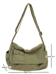 1pc Military Green Vintage Minimalist Flap Shoulder Bag, Thick Washed Canvas Casual Versatile Large Capacity Messenger Bag, American College Style, Suitable For School, Short Trip, Simple Street Bag - Army Green - View 11