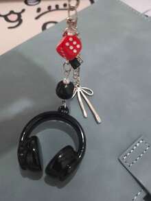 1 dây đeo điện thoại mặt dây chuyền bi-a và tai nghe Y2K màu đen cá tính dành cho nữ DIY trang trí túi đựng điện thoại - Đen và đỏ - Xem 2