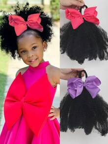 1pc Soft & Cute 8-Inch Fluffy Wig With Colorful Bow, Suitable For Children, Elastic Hair Scrunchie Twist Ponytail, Mini Size, Elastic Fluffy Wig, Fit For Baby Girls - Natural Black - View 2