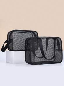 黑色网眼尼龙透明手提包，男士洗漱包，便携式旅行必备沙滩包，可装毛巾、牙膏、洗漱用品等，简约优雅，居家旅行皆宜，女士礼物，圣诞礼物，女士送礼佳品