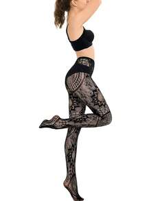 CLAGAINER 6pcs/3pcs/1pc 2024 New Fashion Girls' Fishing Net Stockings, Sexy Tattoo Lace Stockings, Jacquard Lace Cutout Pantyhose - Black - View 8