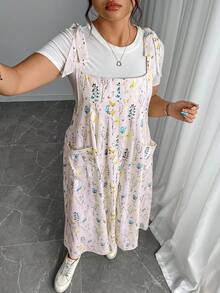 Plus Size Floral Print Women Double Pocket Strap Midi Dress - Pink - View 6