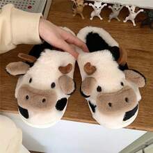 Dép đi trong nhà hình động vật ấm áp dành cho nữ - Dép đi trong nhà hình con bò dễ thương bằng vải cotton ấm áp, Giày đi trong nhà theo chủ đề động vật, Dép đi trong nhà ấm áp mùa đông đế dày mềm mại, dùng trong nhà và ngoài trời - màu đen - Xem 8
