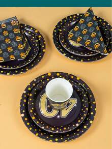 40岁生日黑金波点一次性盘子、餐巾和杯子 - 可供25位宾客使用。一次性生日、婚礼、派对、家庭野餐餐具 - 彩色 - 查看 5