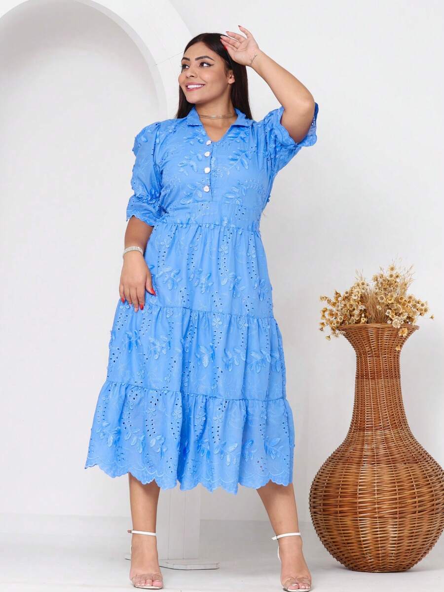 Women's Midi Dress With Embroidered Laise, All-Over Print, Embroidery, Button, Ruffle, Gathered, Formal And Evening - 3D Blue - View 1