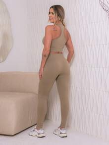 Fitness Gym Set - Leggings And High-Waisted Top - Assorted Prints - Fitness Fashion - Yoga - Màu xanh Ô liu - Xem 4