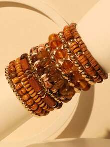 12pcs/Set Bohemian Style Brown Beaded Bracelets, Suitable For Women Vacation, Beach & Daily Wear - S-395 Màu hổ phách, hình tròn và phẳng - Xem 12