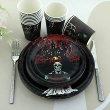 Conjunto de 60 talheres para festa de Halloween, pratos fantasma, copos de papel com esqueleto, pratos de papel com tema de casa mal-assombrada - Borgonha - Ver 7
