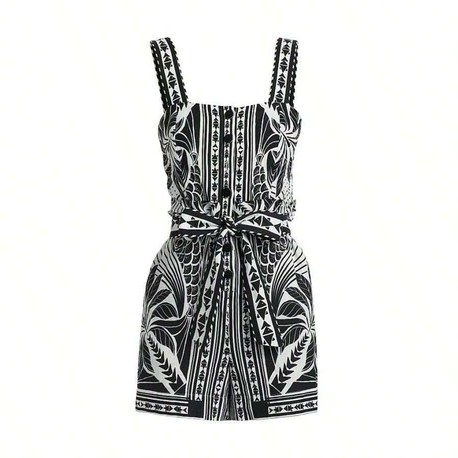 FARM Rio Monochrome Linen-Blend Botanical-Print Romper |  | Women Active Dresses