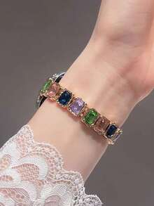 1pc Compatible With Apple Watch Band, Women's Fashion Colorful Square Glass Diamond Metal Elastic Cord Strap, Compatible With Apple Watch 38/40/41/42/44/45/46/49mm, Compatible With Apple Watch Ultra/SE/10/9/8/7/6/5/4/3/2/1 Series, Lightweight And Stylish, Suitable For Daily Life And Summer Beach Wear - Gold - View 7