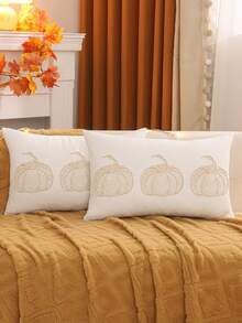 Federa decorativa per cuscino da lancio per il Ringraziamento, tela con ricamo di zucca e corda, adatta per soggiorno, camera da letto, Ognissanti, autunno, colore crema - Beige - Visualizzare 10