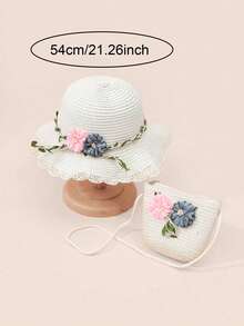 Bộ 2 món mũ và túi cho bé gái, thích hợp cho các chuyến đi chơi của bố mẹ và con cái vào mùa xuân và mùa hè. - trắng - Xem 2
